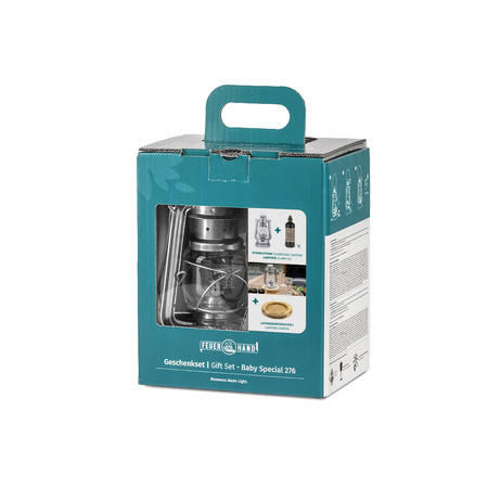 Lampa naftowa Feuerhand - Zestaw prezentowy z paliwem i podstawką - Cynk